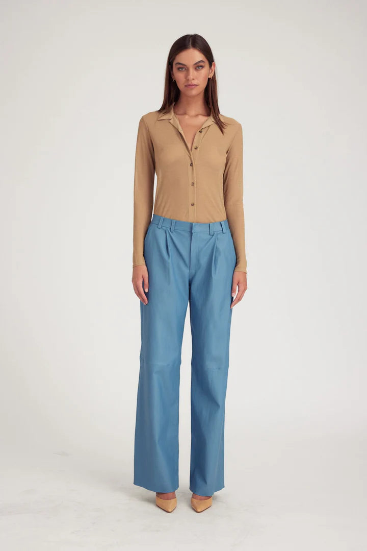 DEEP PLEAT LEATHER TROUSERS CHAMBRAY BLUE