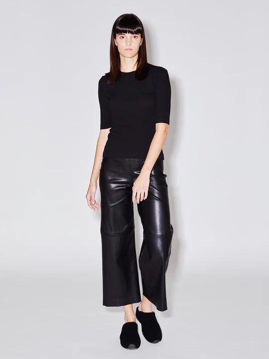 PULL ON CROPPED STRAIGHT LEATHER PANT BLACK